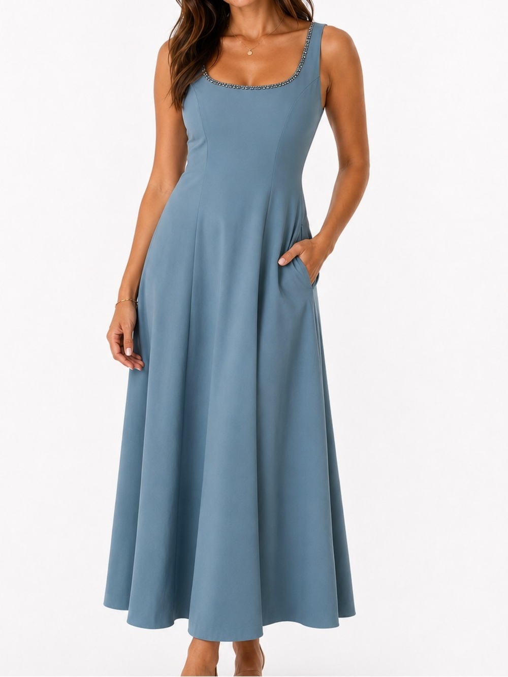 Bahari Dusty Blue Scoop Neck Maxi Dress